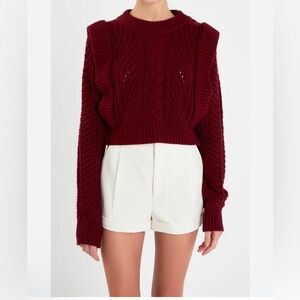 ENGLISH FACTORY chunky cable knit cropped sweater burgundy sz L